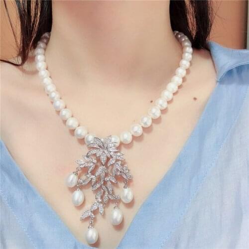 Hand knotted natural 8-9mm white freshwater pearl leaves micro inlay zircon accessoriese clasp sweater necklace long 45 cm