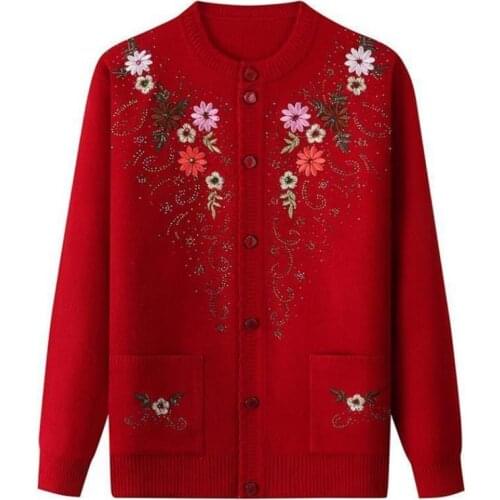 Elderly Spring Autumn Women Sweater Mothers Wear Knitwear Embroidered Coat Winter Cardigan V-Neck Single-Breasted Truien Mujer