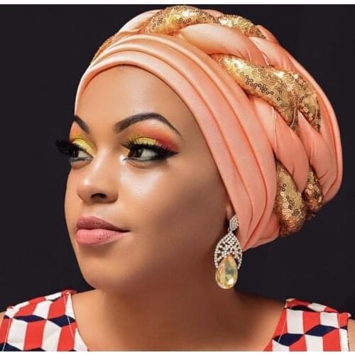 Latest African Auto Geles Aso Oke Headtie Already Made Headties Shinning Sequins Turban Cap for Women Ready Female Head Wraps