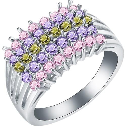 UFOORO New Fashion Jewelry Symmetry Color Colorful Pink Purple Yellow Zircon Ring for Women Wedding Engagement Gift