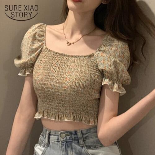Short Puff Sleeve Print Chiffon Crop Tops For Girls Stretchy Shirt Summer Sweet Ruffle Square Collar Cropped Blouses Women 10157