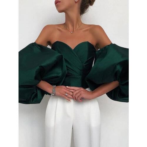 Vintage Women Blouses Party Formal Tops Shirt Strapless Bare Shoulder Big Lantern Sleeve Zipper Crop Top for Dinner Ball Y2K