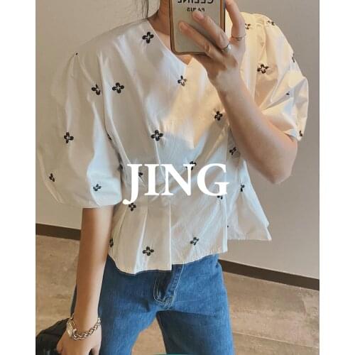 2021 Womens Petal Embroidery Blouses Shirt Crop Top Clothing Summer Cottagecore Elegant Woman Za Korean White Boho Puff Sleeve