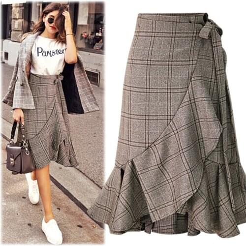 2019 Autumn Ladies Office Wool Skirt Women Irregular Plaid Midi Ruffles Summer Fashion Pleated Hem Casual Fishtail skirts W592