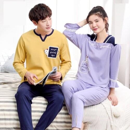Women and men couple pajamas long sleeve cotton spring and autumn new 2019 men casual women and men winter cartoon pajama sets