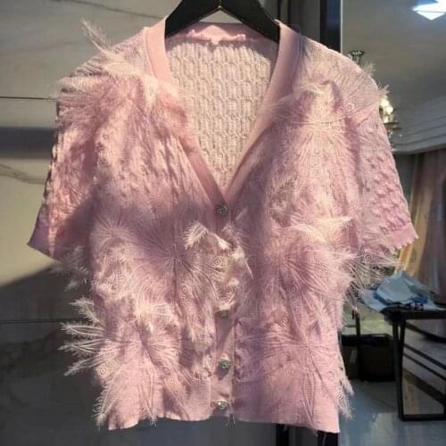 Lace 3D Embroidery Flowers Knitted Short Sleeve T-Shirt Cardigan Women Hollow V-Neck Button Pink White Sweet Top Korean New