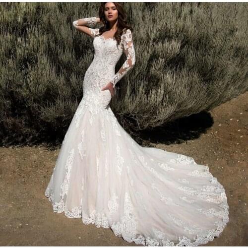 Long Shear Lace Wedding Dresses with Sleeve Mermaid Illusion Back Ivory Vestidos de Novia Abendkleid Bridal Gown for Women
