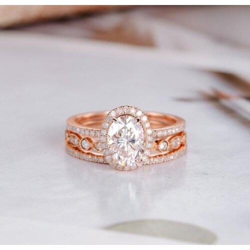 Solid 14K Rose Gold Center 1.5ct 6*8mm Oval Cut Moissanite Halo Engagement Bridal Wedding Ring Set for Women
