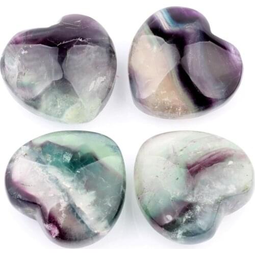 1pc 100% Natural Fluorite 40mm Heart Shape Smooth Crystal Home Decor Stone Chakra Carved Healing Reiki For Healers Free Pouch