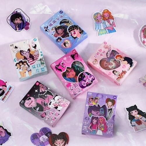 50Pcs/box Anime Cute Playful Girl Boxed Stickers Diary Album Decorative Labels Decoration Stationery Stickers