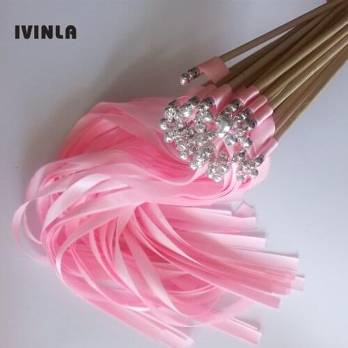 50pcs/lot light pink stain wedding ribbon wands stick streamers With sliver Bells for wedding decoration