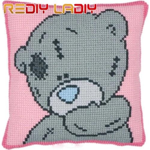 LADIY Cross Stitch Pillow Case Yarn for Embroidery Cartoon Cushion for Sofa Cross-Stitch Kits Shy Bear Decorative Cushion Cover