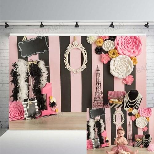 Photography Background 1st Birthday Party Paris Eiffel Tower Feather Flowers Princess Girl Newborn Baby Portrait Photo Backdrop