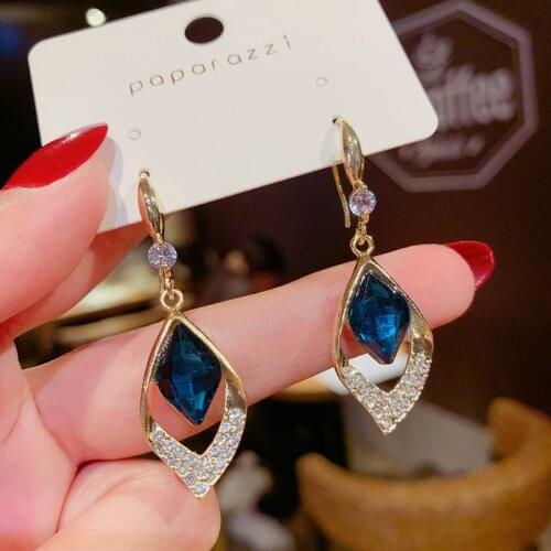 France New Fashion Elegant Blue Crystal Zircon Drop Earrings For Women Geometric Square Simple Gold Color Metal Earrings Wedding
