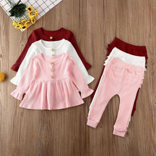 Newborn Toddler Infant Baby Girls Solid Long Sleeve Tops Tshirt Long Pants 2pcs Outfits Set Casual Clothes