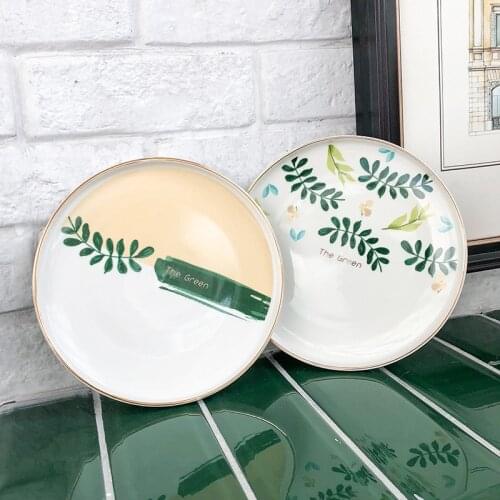 Nordic Eucalyptus Leaf Dinner Ceramic Plate Decorative Salad Dessert Snack Porcelain Plate Food Container Crockery White 8 inch