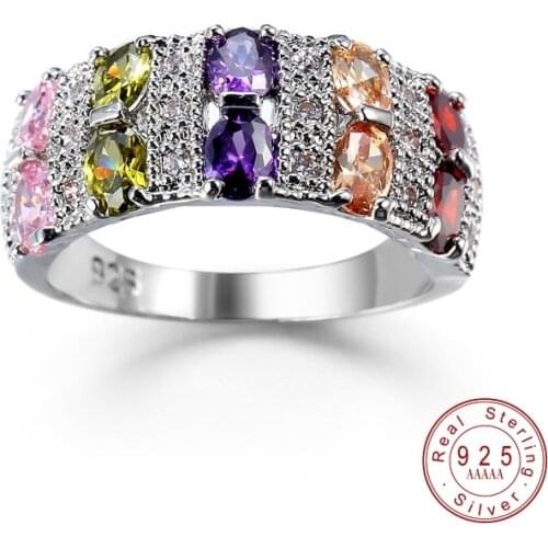 Authentic Pure Silver Color Band Promise Rings For Women Wedding Engagement Colorful Sparkling CZ Cubic Zircon Bague Bijoux
