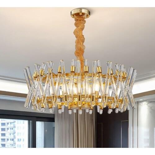 Round Living room chandelier modern gold led chandeliers for living room clear glass rod hanging light fixtures