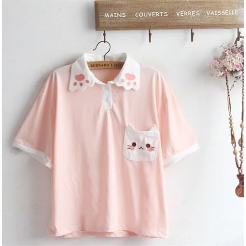 Japanese Mori Girl Cute T Shirts for Teens Girls Summer Women Casual Pink Tops Kawaii Cat Paw Cartoon Embroidery Tee Shirt