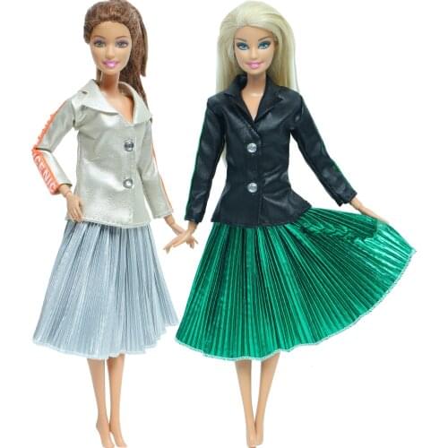 2 Sets Fashion Leather Top Dress Mix Style Princess Skirt Jacket Coat Daily Casual Wear Clothes for Barbie Doll Accessories Toy