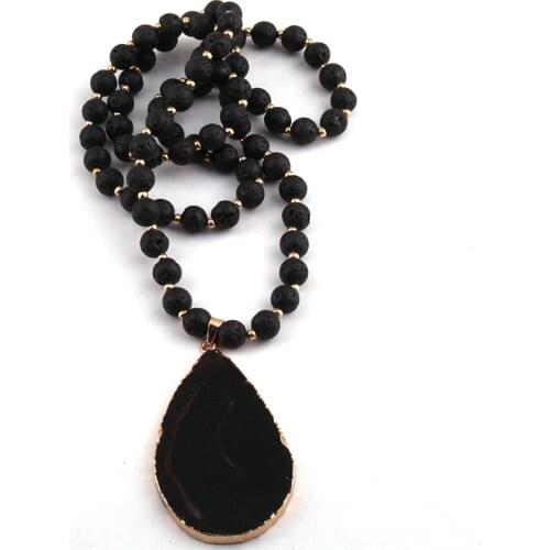 Moodpc Free Shipping Fashion Black Lava Stones Agat Drop Pendant Necklaces For Ethnic Necklace