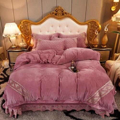 New Luxury European Winter Warm Velvet Flannel Fleece Embroidery Bedding Set Duvet Cover Thicken Bedspread Bed Sheet Pillowcases