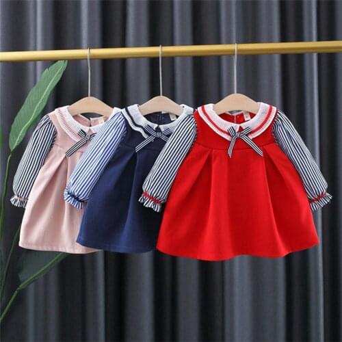 Sweet Girls Princess Dress Baby Infants Kids Children Fashion Autumn Long Sleeve Striped Patchwork Dress Vestidos ADK316