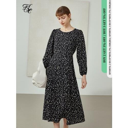 FANSILANEN Woman Dress French Round Neck Long Sleeve Dress Early Autumn Temperament Lons Skirt Korean Floral Black White Skirt