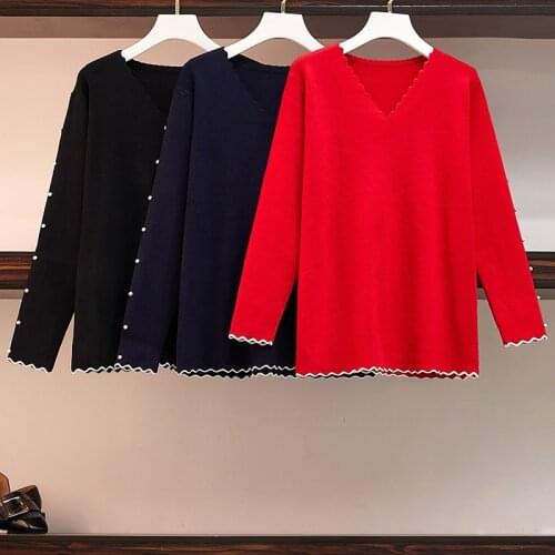 Casual autumn winter women Basic sweater pullovers long sleeve Beading V-neck chic Sweater Female knit top soft jumper tops