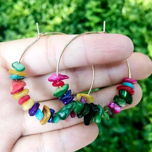 SAY HELLO Multicolor Natural Small Gravel Handmade Hollow Large Hoop Earrings Beaded Pendant Earrings Women Jewelry Gifts