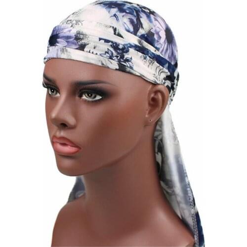 2019 Fashion Mens Print Silky Bandanas Turban Headband Silk Men Floral Waves Caps Turban Headwear Hair Accessories