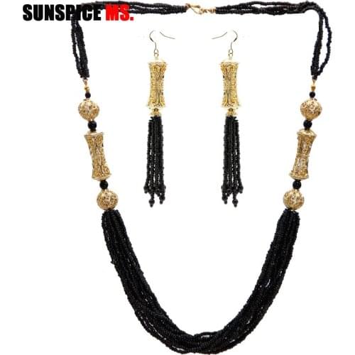 SUNSPICE-MS Classic African Bead Wedding Jewelry For Women Gold Color Indian Dangle Earring&Necklace Dubai Ethnic Bridal Bijoux