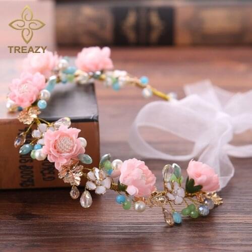 TREAZY Beautiful Simulated Pearl Crystal Pink Flower Headband Wedding Hair Accessories Handmade Bridal Hair Band Headpiece
