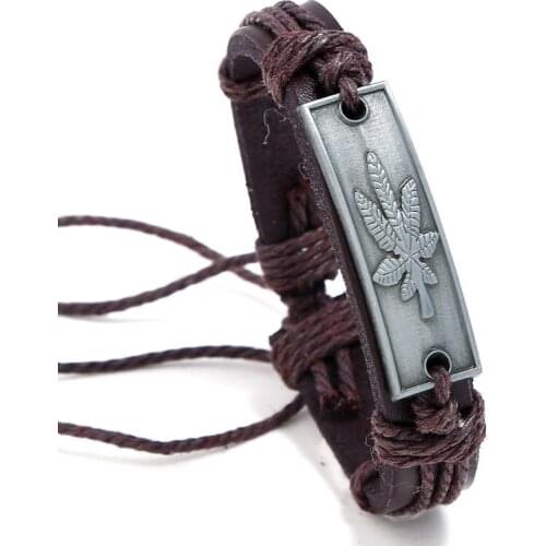 Vintage Retro Ethnic Rope Brown Leather Bracelet Alloy Maple Leaf Charm Bangle Wrap Wristband Handmade Men Women Fashion Jewelry