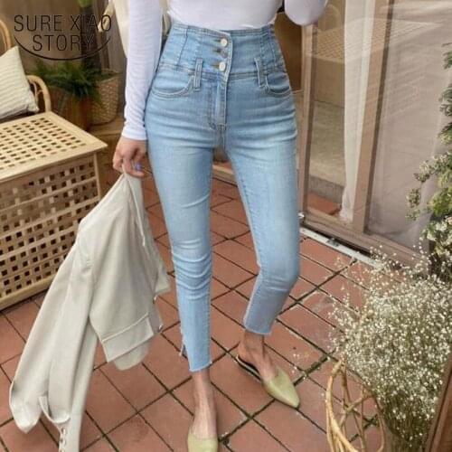 2020 Women High Waist Jeans Pants Single-breasted Lady Pencil Jeans Streetwear Women Denim Skinny Pants Trousers Pantalon 10411