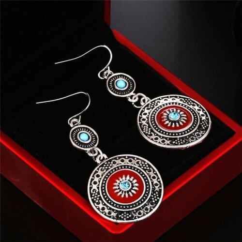 Silver Plated Red Enamel Rhinestone Alloy Flower Drop Earrings For Women 1Pair Vintage Ethnic Style Brincos Bohemian Antique