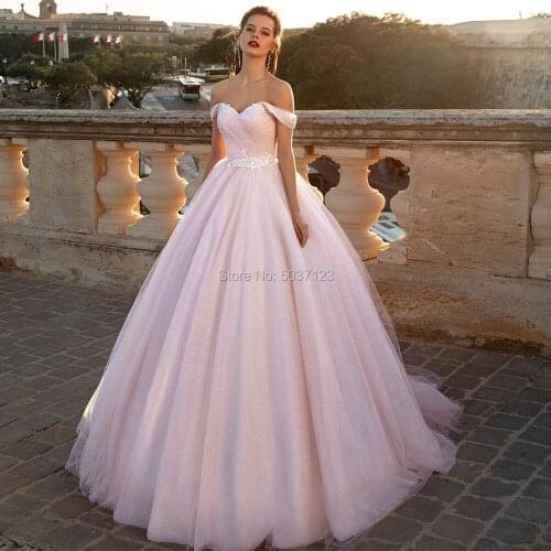 2020 Pink Off the Shoulder Ball Gown Wedding Dresses Sweetheart Tulle Lace Up Wedding Bridal Gowns Sweep Train Vestido De Noiva