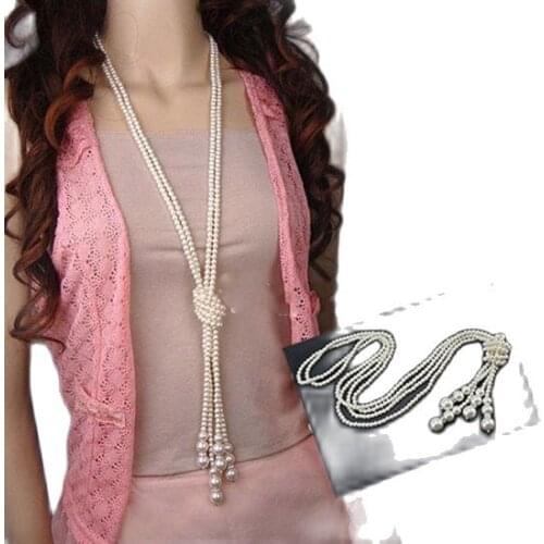 Women Elegant Faux Pearl Tassel Pendant Long Chain Charms Sweater Necklace 2020