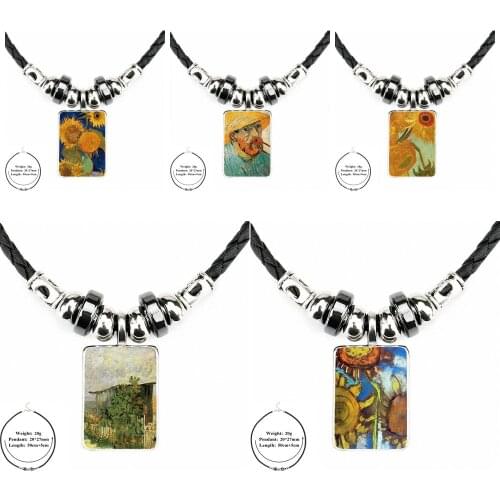 Vincent Van Gogh Sunflower Buddhism Jewelry Black Leather Bead Pendant Glass Cabochon Choker Necklace For Women Kids Gift