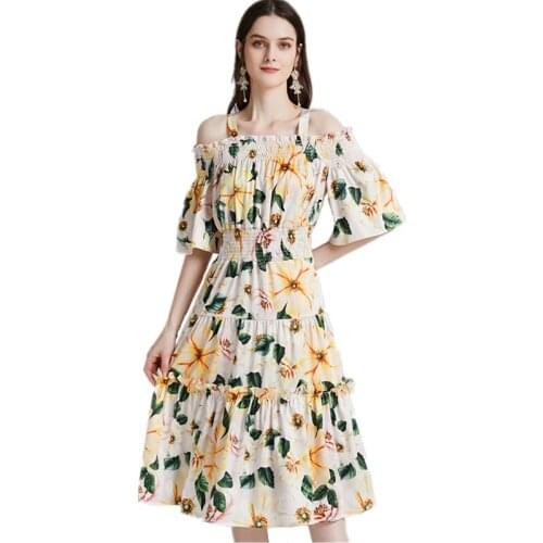 2021 New Arrival Summer Women Sexy Off Shoulder Strap Dress Sweet Camellia Flowers Print Elastic Slim Big Hem Elegant Dress