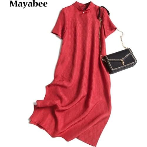 Temperament Retro Chinese Polka Dot Jacquard Silk Cheongsam Short Sleeve Womens Dress 2021 Spring Summer New