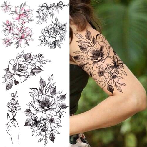 Big Peony Flower Temporary Tattoos For Women Girls Fake Lotus Anemone Rose Tattoo Sticker Cluster Black Tatoos Body Art Drawing