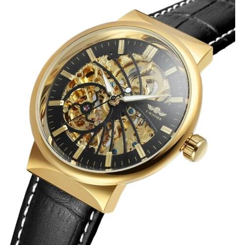 WINNER Fashion Causal Men Black Automatic Mechanical Watch Leather Strap Skeleton Dial Top Luxury Brand Genuine Leather Watches