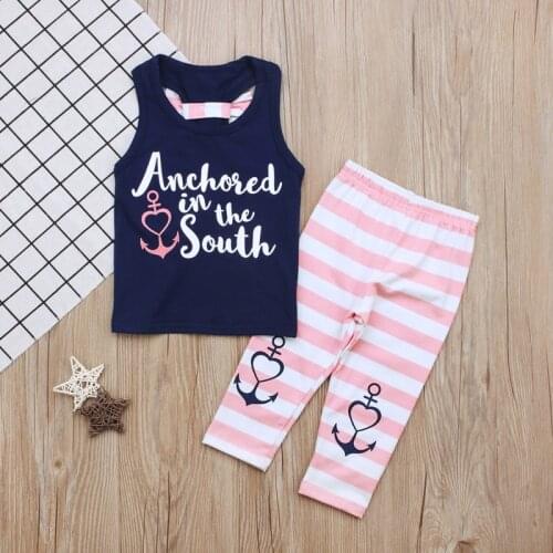 Girls Anchor Summer outfit Childrens Fashion tank top pink strip set Cotton 2pcs suit ST20011