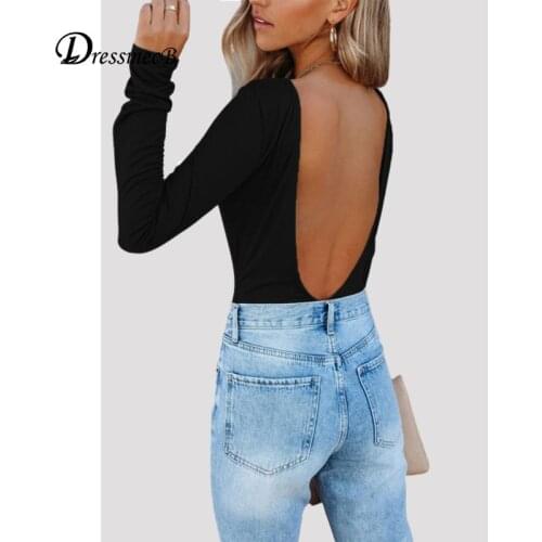 Dressmecb Black Solid Backless Sexy Bodysuits Women Hollow Out Long Sleeves Autumn Rompers Female 2021 Party Nightclub Overalls