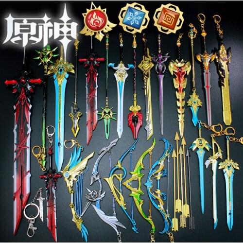 Genshin Impact Sword Keychain 39 Styles Alloy Weapon Model Toys Anime Zhongli Xiao Key Rings Collection Decoration Kids Gift