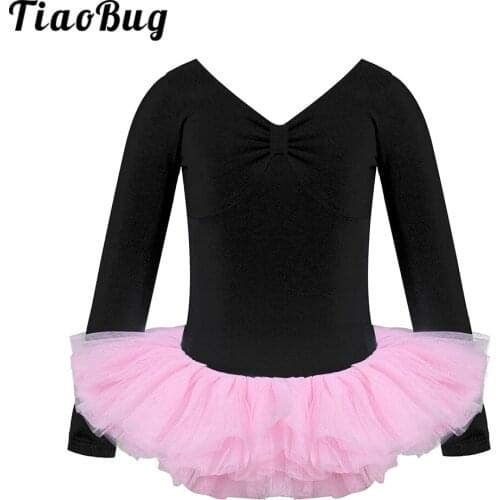 TiaoBug Cotton Ballet Dress Tutu Ballet Danse for Girls Kids Children High Quality Long Sleeve Bowknot Open Back Tulle Dance