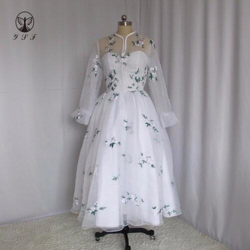 Classic Wedding Dresses High Collar Embroidery Pink Flowers Long Sleeve Tea Length Vestidos De Novias