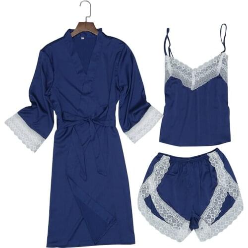 3 Pieces Women Sexy Silk Satin Robe Pajama Set Lace Sleepweaer Nightwear Set For Summer
