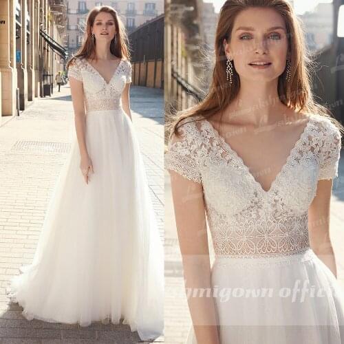 Lakshmigown V-neck Bohemian Lace Wedding Dresses Cap Sleeves Tulle Beach Bride Dress Custom Made Open Back Bridal Gown